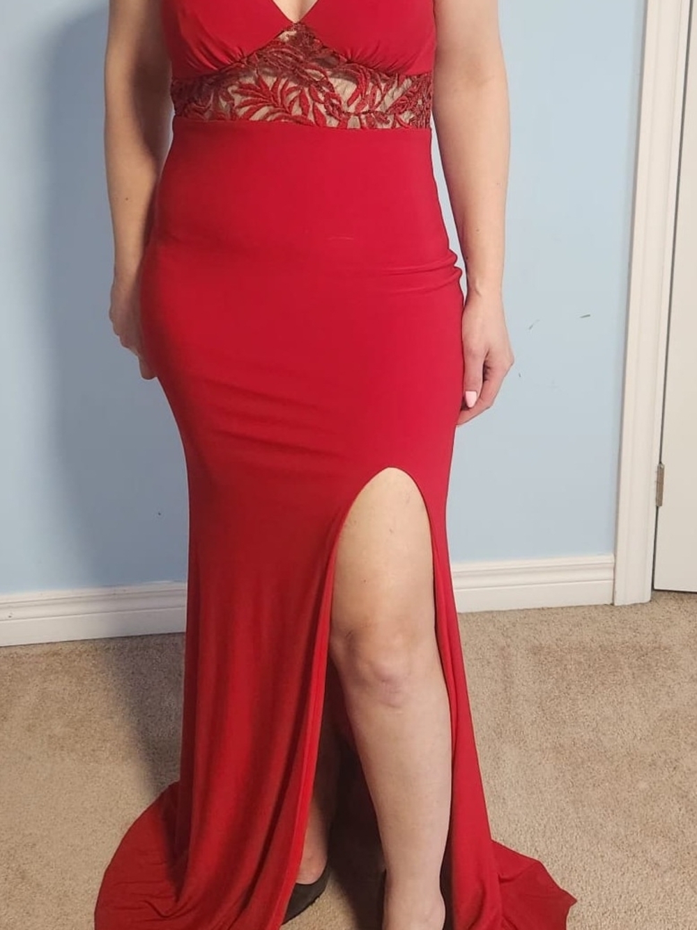 Red Lace-Waist Prom Gown with Thigh Slit